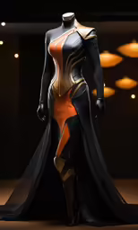 the costume for a female character is black, orange and gold