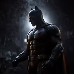 a close up of a batman character on a dark background