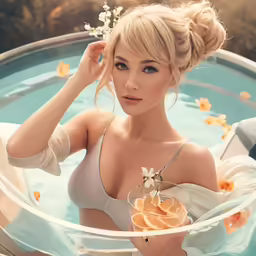 a woman in a white bathing suit holds onto a glass