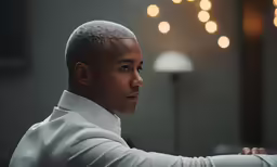 a young african american man with black hair staring into the distance
