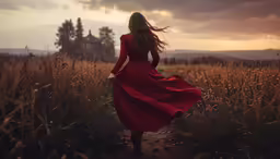 a woman with long hair walking in the grass at sunset