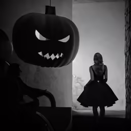 girl in short dress with pumpkin head on stage