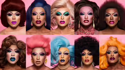 multiple images of different styles of hair,nine portraits of women with colorful makeup