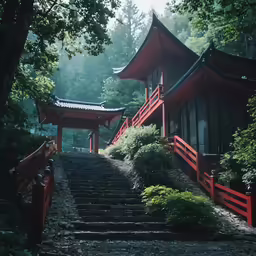 a building with stairs and plants on the ground
