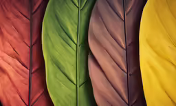 three rows of different colored leaves are next to each other