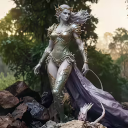 a statue of a woman with a horned head and arms in costume holding a sword