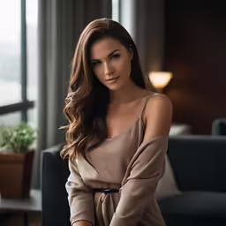 a woman with a long brown sweater on and one arm wrapped around her