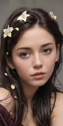 a woman with brown hair and flowers in her hair