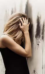 a woman is leaning against a wall with her hands