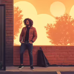 a man standing on the sidewalk near a building with bags