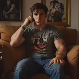 a man sitting on a brown couch talking on a cell phone