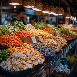 various kinds of food on tables for sale