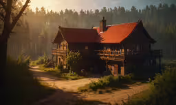 the house has a red roof and trees in front,an old house with two porches in a forest