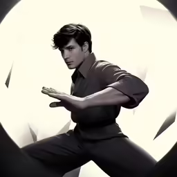 a male in a black shirt is in front of a circular wall
