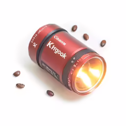 a red camera lens with coffee beans on the side