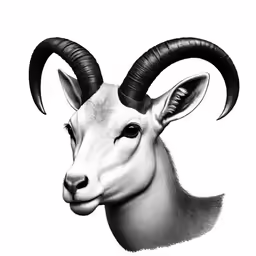 an animal with long horns, in the middle of a white background