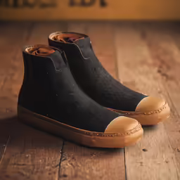 a close up of a pair of black shoes on a wooden floor