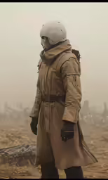 a man in a trench coat and white helmet