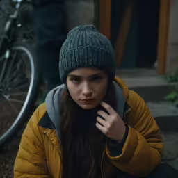 a girl sitting next to a bicycle outside
