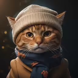 a cat with a scarf and hat standing in the sunlight