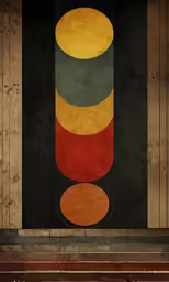 an abstract painting with multi - color shapes in a wood frame