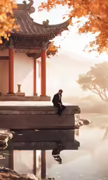 the man is sitting by the water in front of the pagoda