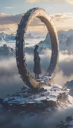 the woman stands in front of a giant circle with mountains behind her
