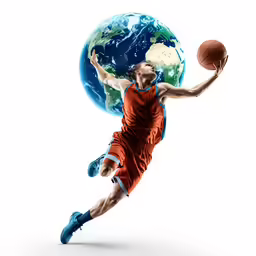 a man is playing basketball against a white backdrop