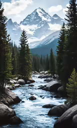 water flowing down a stream between trees with a mountain in the background