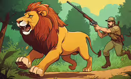 a man with a rifle next to a lion,a lion is running while another man aims a rifle