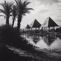 several umbrellas are shown over the water in a black and white photograph