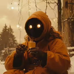 a man in an orange outfit with a gas mask