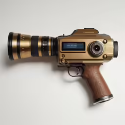 a camera attached to a very old wooden gun