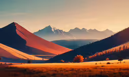 a scenic picture of a mountain range with sunset over it,a beautiful scene of mountains with grass and trees