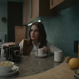 a woman is sitting at the table with coffee and oranges