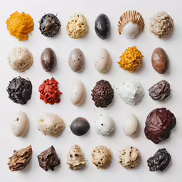 assorted chocolate candies arranged in rows on white background