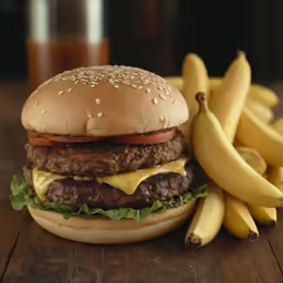 a hamburger and bananas on a wooden table