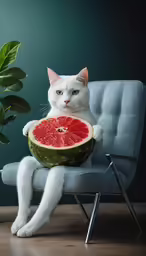 a white cat sits on a blue chair next to a half - eaten watermelon