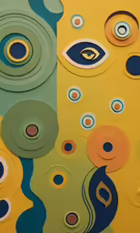 an abstract painting with circular, blue and yellow circles