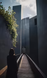 the woman is walking down the walkway towards two walls