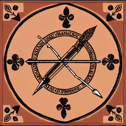 a stylized drawing of two arrows and some flowers,an image of a pen and sword in an ornate pattern