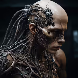 a weird, creepy, head with lots of wires surrounding it