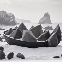 a small boat sitting on top of snow covered ground