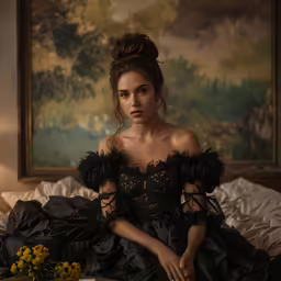 a beautiful young lady in black dress sitting on a bed