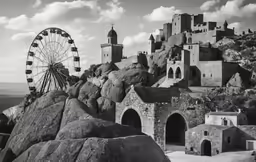 an old photograph of a castle with a ferris wheel on top