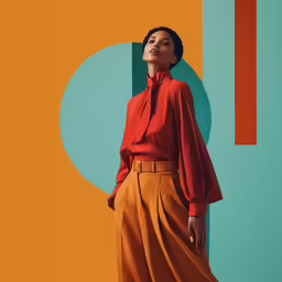 the model is wearing an orange dress and a red blouse