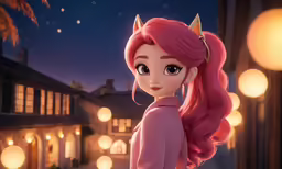 a animated pink - haired girl with fairy eyes and long hair wearing gold ears standing on a sidewalk outside of a building