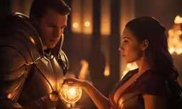 a young woman with lights in her hand holding a glass ball and a man in an armor