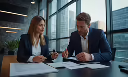 a young couple is sitting at a table with business papers