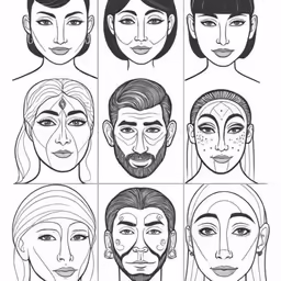 a set of nine faces that are drawn in a grid on white paper